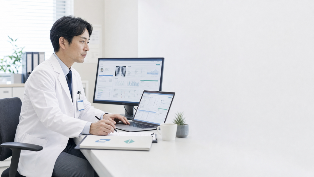 医師がオフィス環境でPCを確認している様子