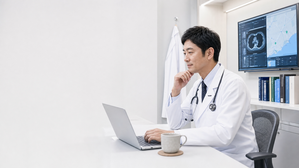 医師がノートPCで情報を確認している様子