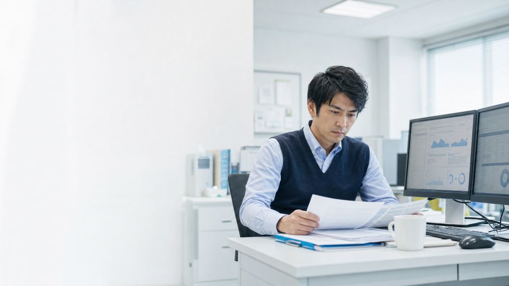 病院の情報システム担当者がデスクで資料を確認している様子