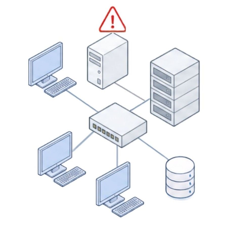 複数の端末・サーバーがLANでつながる病院のネットワーク図と、上部の警告マーク